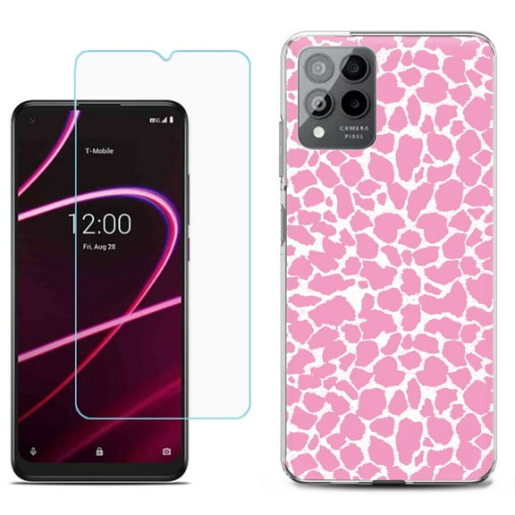 Slim-Fit Gel TPU Phone Case for T-Mobile Revvl 6 Pro 5G, with Tempered Glass Screen Protector, by OneToughShield ® - Giraffe/Pink