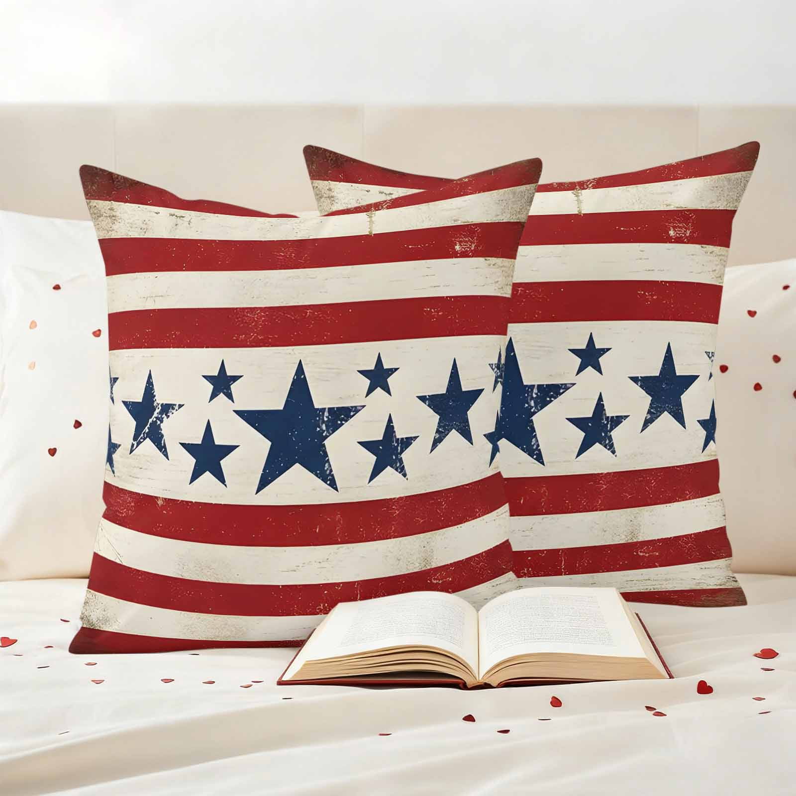 Vintage Stars Independence Day Outdoor Waterproof Pillow Covers, 4th of July Retro Striped Decorative Square Throw Pillowcase Sofa Cushion Sham for Patio/Couch/Chair, 20"x20" 2 Pack