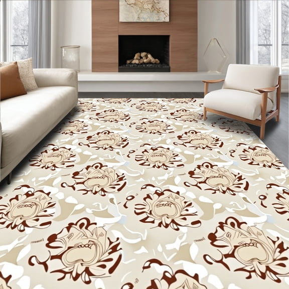ODIKA 4'x6' Machine Washable Non-Slip Area Rug, Elegant Botanical Flourish Heritage High Traffic Rug, Beige, 470547