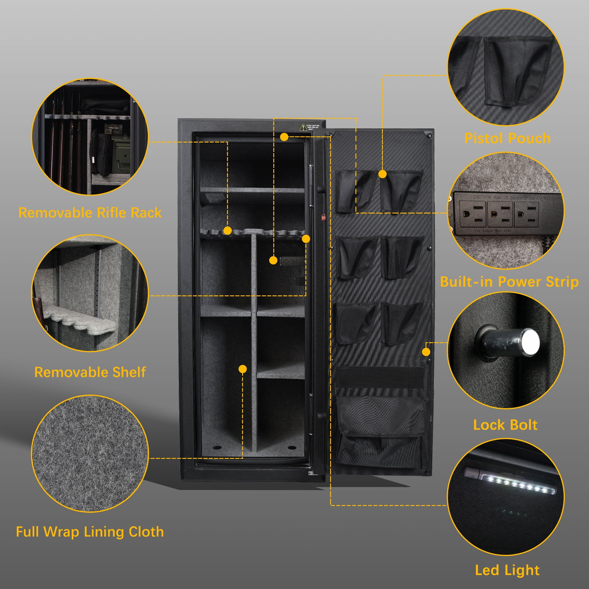 VALINIRT 24 Gun Fireproof Safe for Rifles and Pistols, Gun Cabinet with Keypad/Key Access, No-Assembly-Required Gun Safes with Combination Lock and Built-in Charging Ports