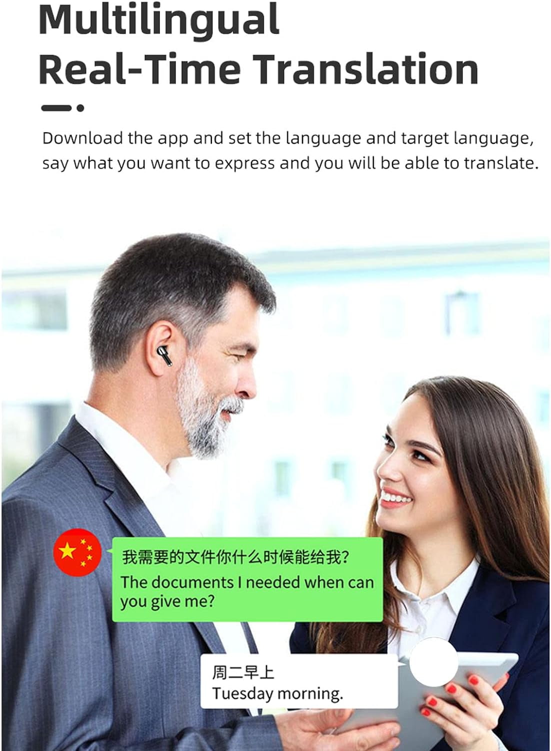 Real Time Language Translator Earbuds, Bluetooth 5.3 Denoise Translator Earphones Support 144 Languages with APP in Transparent Case for Smart Phone, Black