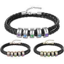 YUPPOLKR Custom Name Leather Bracelet for Men Personalized Birthstone Bracelet Black Braid Leather Bracelets with 1-9 Names Engraved Customized Gifts for Dad Father Boyfriend