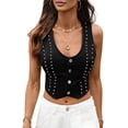 thumbnail image 3 of Women'S Denim Vest Crop Jean Vest Tops Sleeveless V Neck Button Down Denim Waistcoat Black & Gray M, 3 of 8