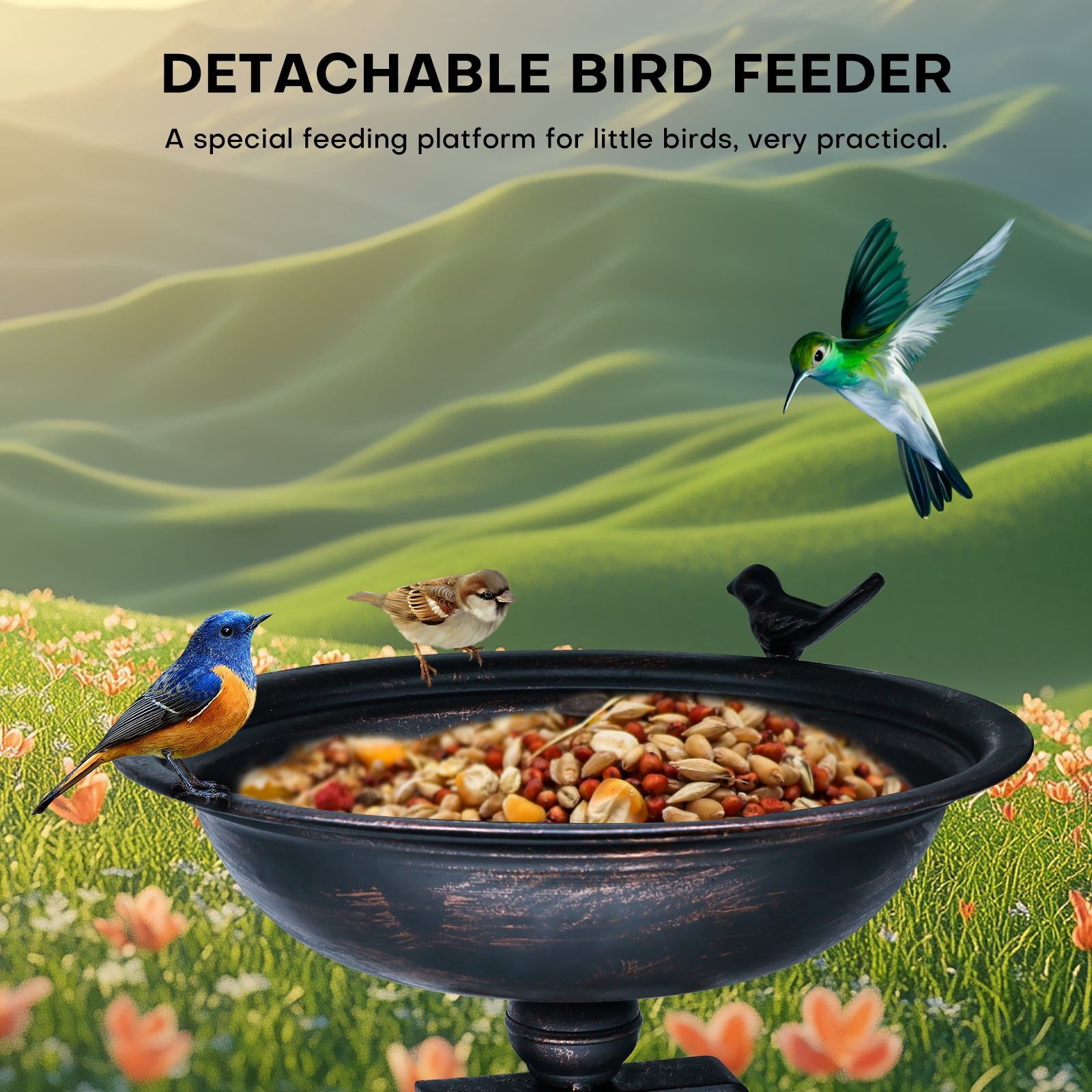 Hongshifu 12in Deck-Mounted Vintage Bird Bath with Adjustable Steel Clamp - Lightweight Detachable Metal Bowl for Railing, Balcony, Yard and Garden - Rustproof and Easy to Clean