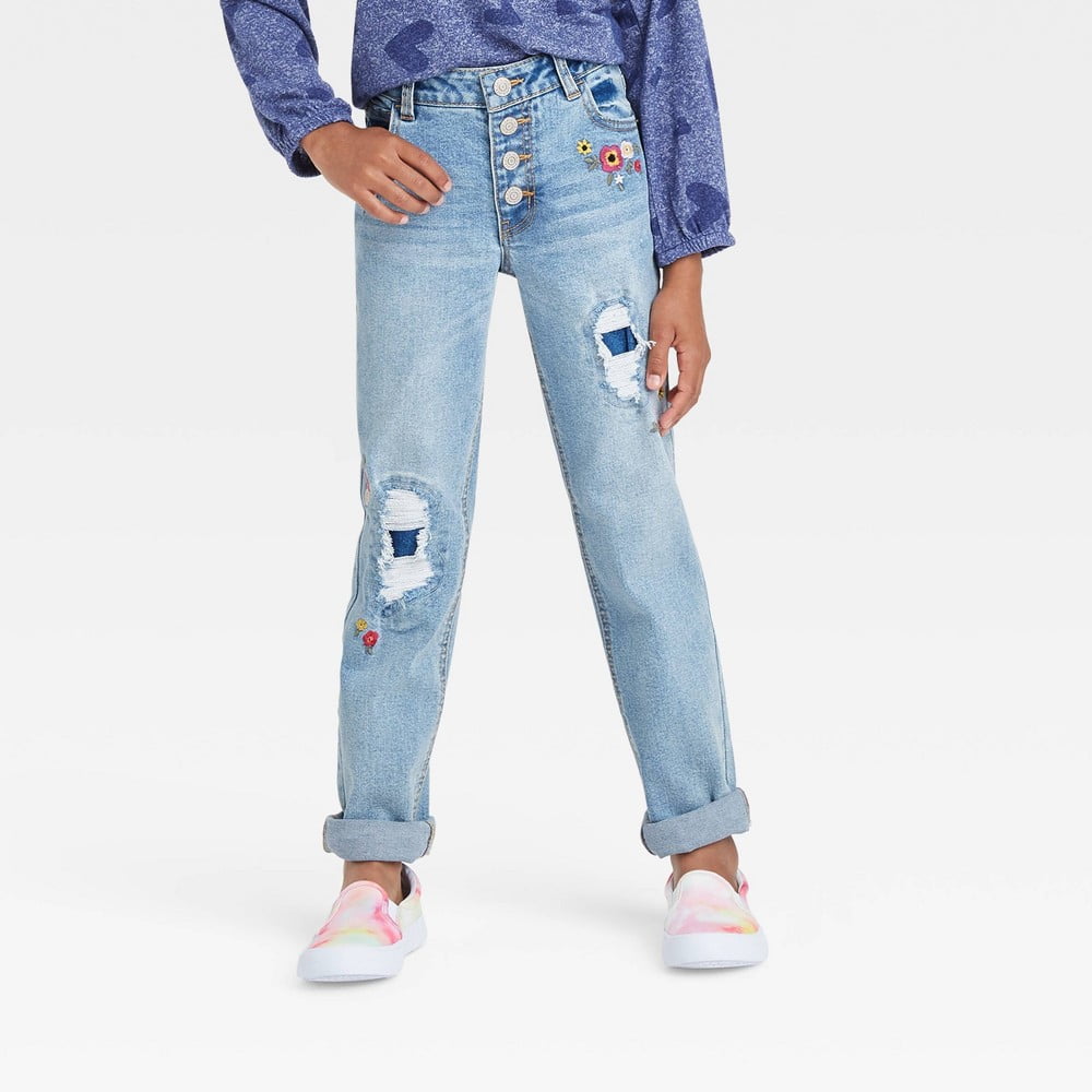 Girls' Floral Mid-Rise Embroidered Button-Front Girlfriend Jeans - Cat & Jack Wash 14 - Walmart.com