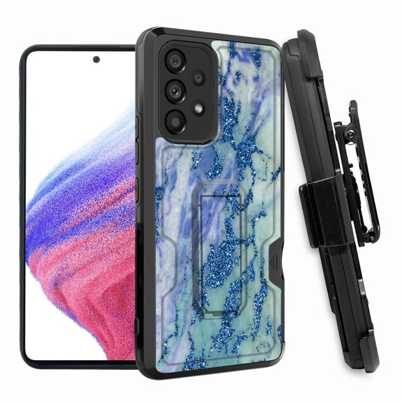 ANJ  Rugged Shockproof Hoster Case w/Card Slot, Kickstand   Tempered Glass Cover for Samsung Galaxy A33 5G - Blue/Green Marbling