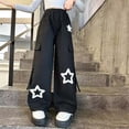 thumbnail image 4 of Girl's Elastic Waist Wide Leg Baggy Y2K Star Print Loose Pants Streetwear Black 12-13Years, 4 of 7