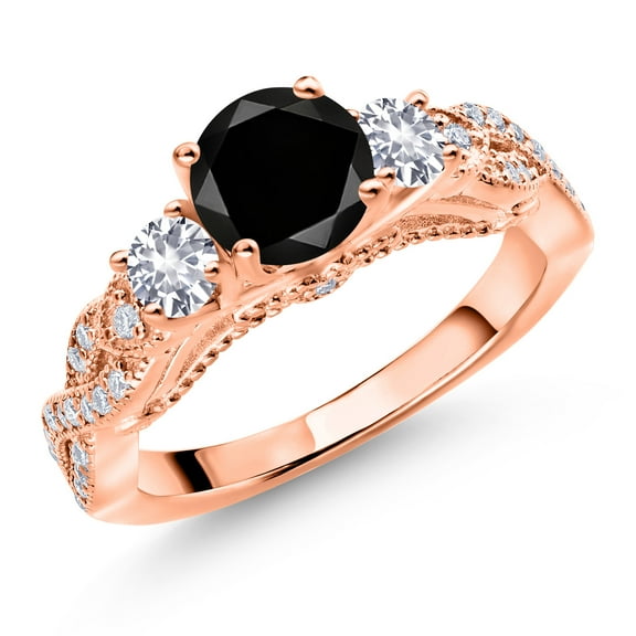 Gem Stone King 18K Rose Gold Plated Silver Black Diamond White Created Sapphire and White Moissanite Engagement Ring for Women (1.58 Cttw, Gemstone April Birthstone, Round 6MM and 3MM, Size 6)