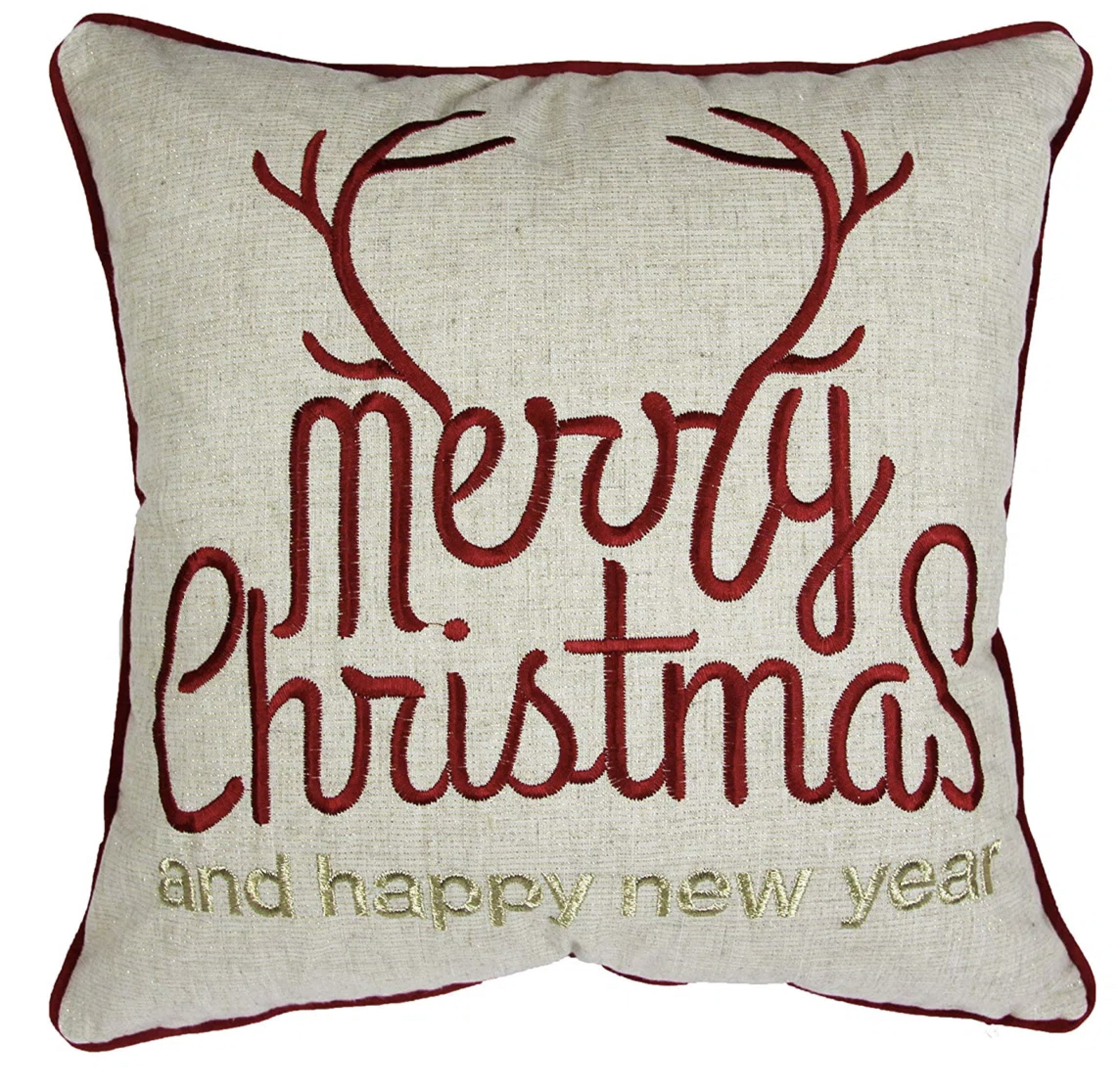Merry Christmas and Happy New Year Embroidered Pillow with Gold Accents 20x20 Inch Holiday Decor