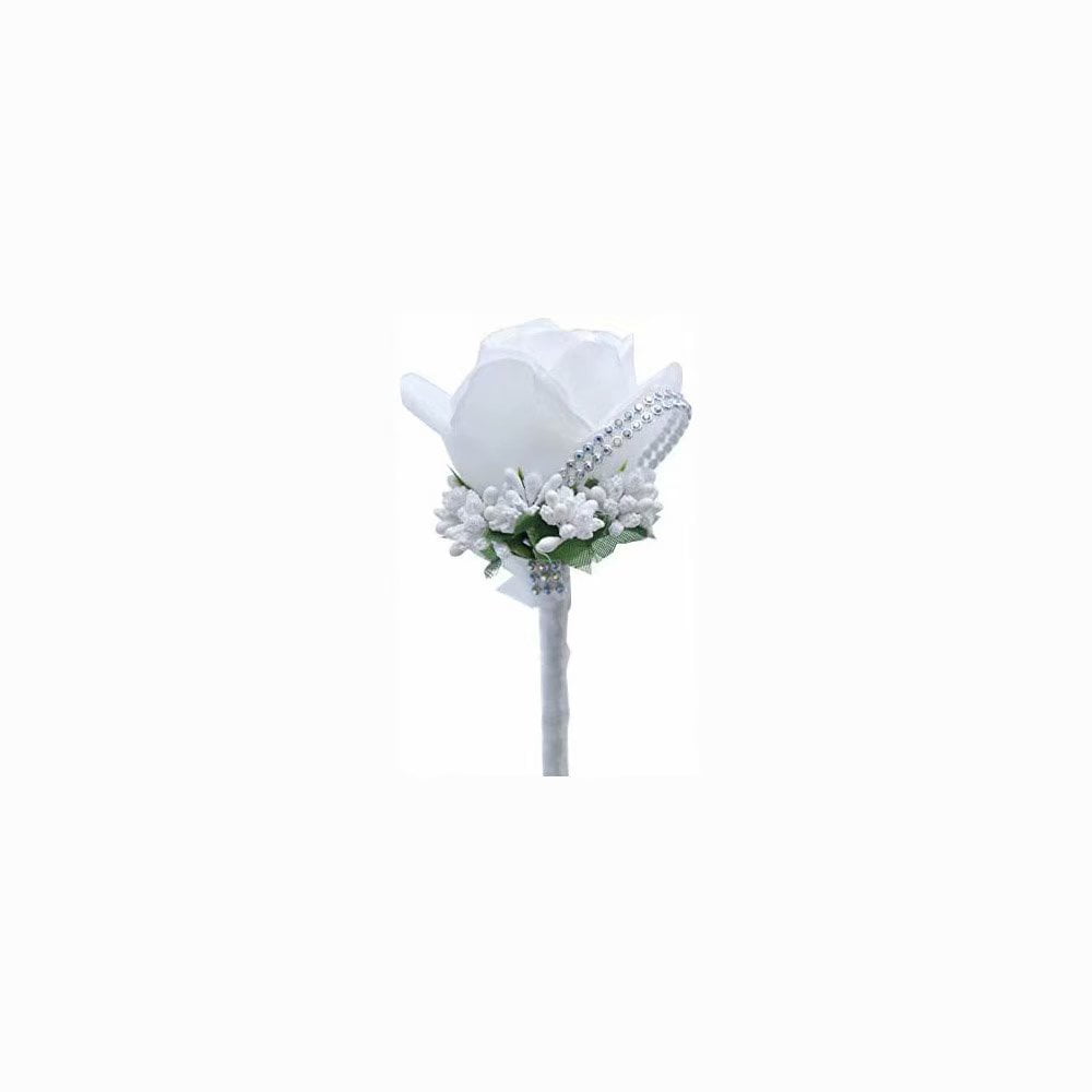Black Satin Wrap Single White Rose Bud Flower Boutonniere Prom Wedding Groomsmen 