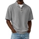 thumbnail image 1 of Blusas y camisas de manga corta y cuello redondo para hombre, de pana, color liso, informales, a la moda, con medio botón, cuello alto, manga corta, de poliéster., 1 of 6