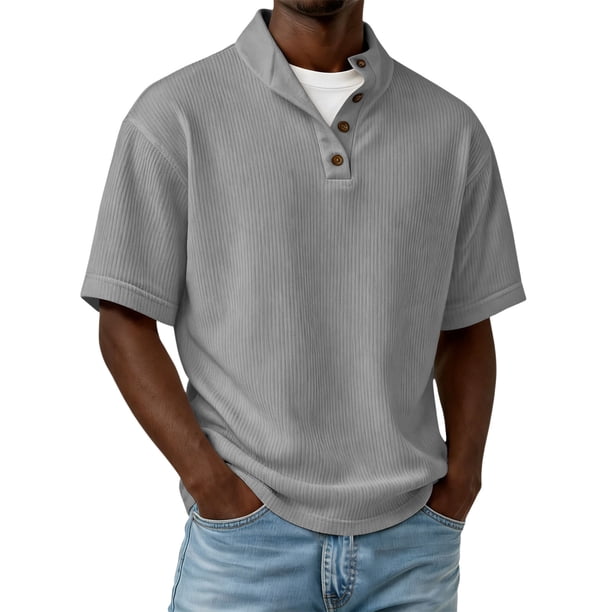 Blusas y camisas de manga corta y cuello redondo para hombre, de pana, color liso, informales, a la moda, con medio botón, cuello alto, manga corta, de poliéster.