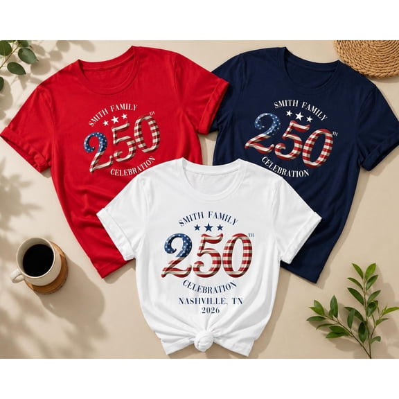 Personalized Family 250th Celebration T-Shirt with Custom Name and Location, Patriotic 4th of July Matching Tee, Unisex Cotton