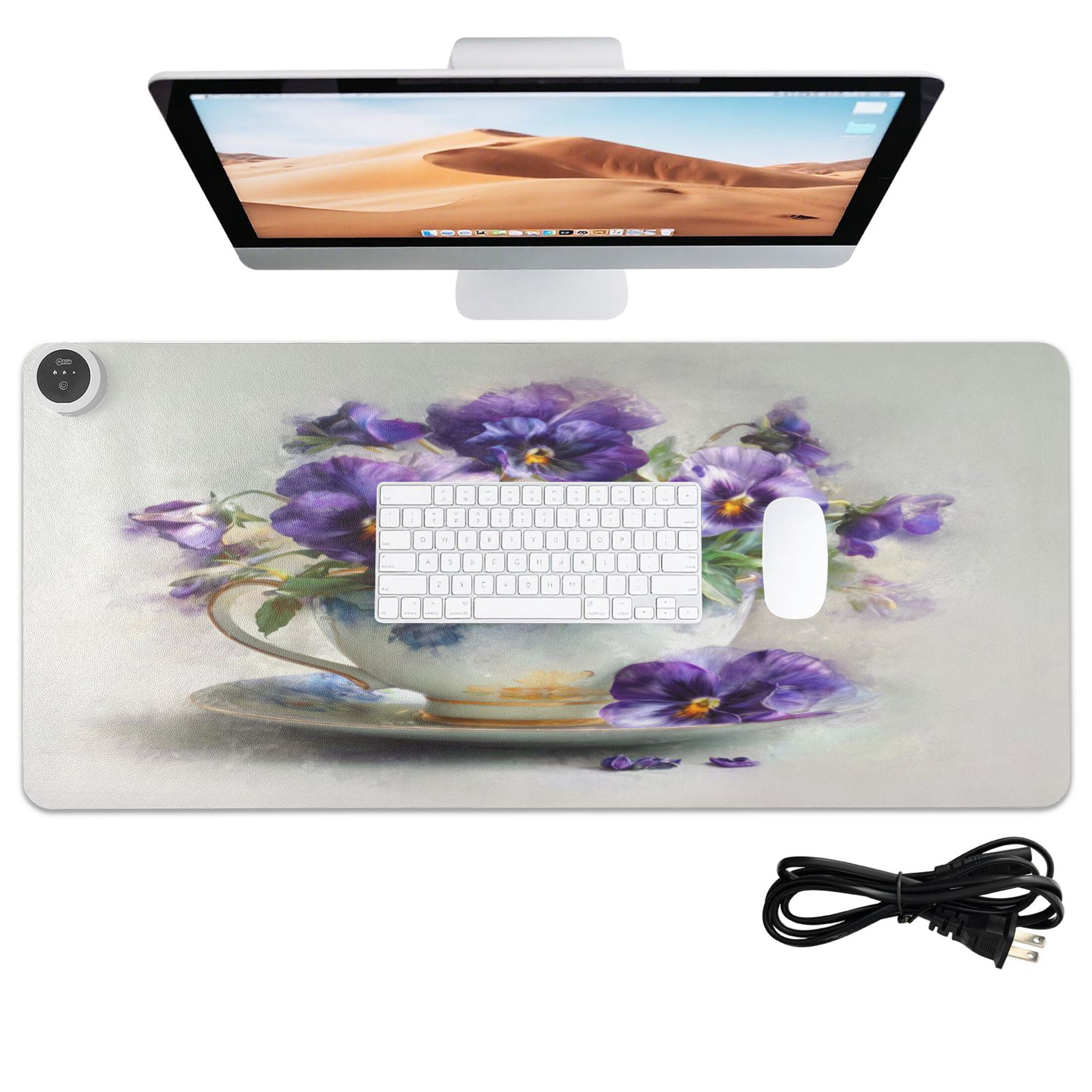 Large Heated Desk Mat Mouse Pad 31.5"x13"PU Leather Graphene Heating Desk Warmer with 3 Temperature Settings 110V US Plug Non-Slip Warm Pad for Home, Office, and Gaming Oil Painting Of Pansies