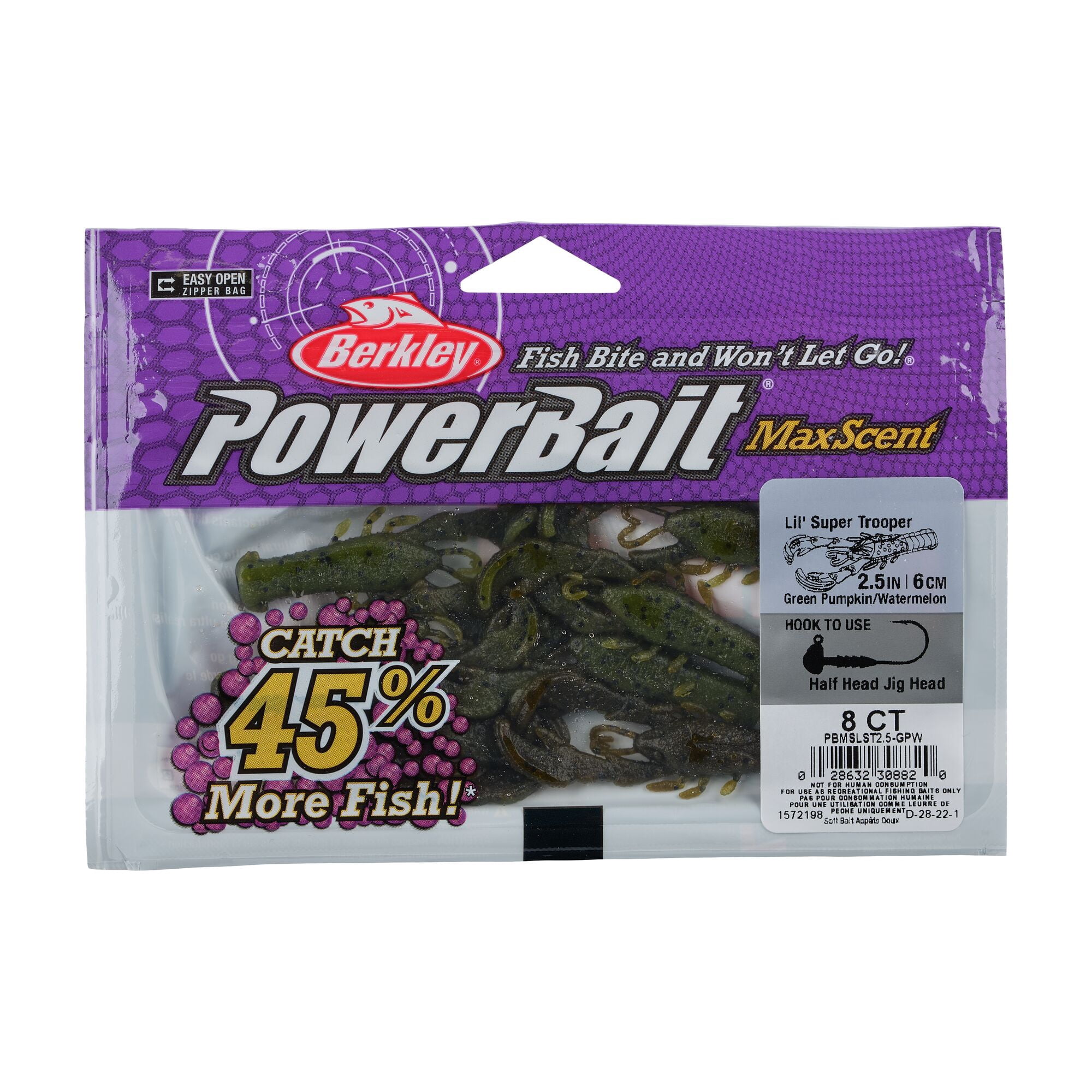 Berkley PowerBait® MaxScent Lil' Super Trooper, 2.5 in, Craws, Green Pumpkin/Watermelon (8 Count)