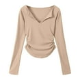 thumbnail image 5 of 2026 Womens T Shirts Fashion Tops Solis Basic Long Sleeve V Neck Pleated Waist Slit Workout Clothes Beige M, 5 of 5