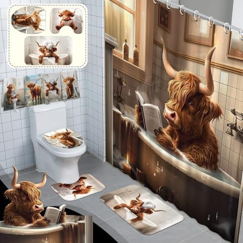 8 Pcs Highland Cattle Shower Curtain Sets for Bathroom Funny Highland Cattle Shower Curtain Sets with Rugs and Cow Towels, Include Non-Slip Rug, Toilet Lid Cover, Bath Mat and 12 Hooks