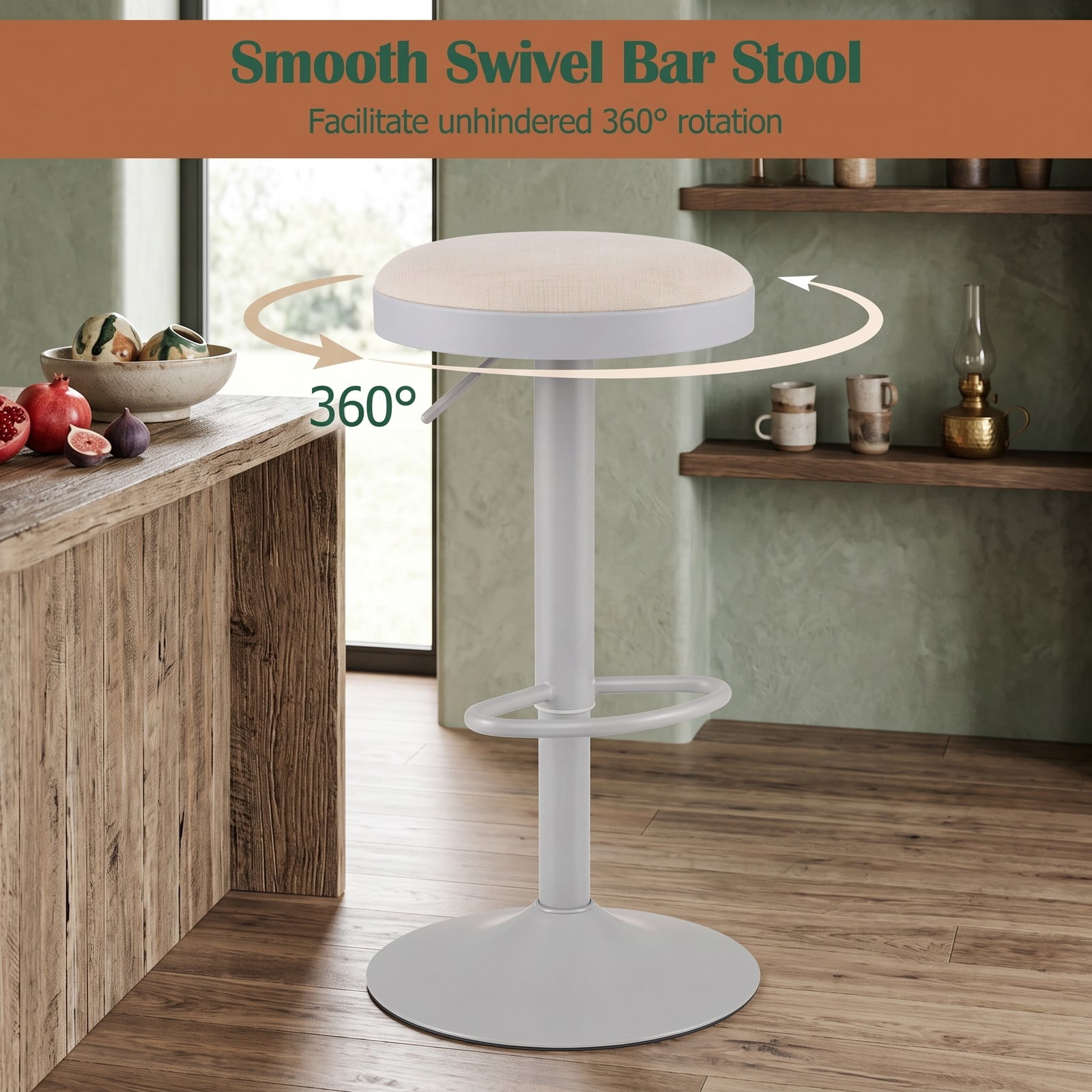 Furnibear Set of 2 Counter Height Bar Stools, Adjustable 360 Swivel Stools with Padded Breathable Seat, D-Shaped Footrest for Kitchen Island and Bar, 330 lb, Gray