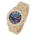 thumbnail image 3 of Charles Raymond Mens Blinged Out Gold Big Rocks Timepiece w/Minimilist Index Time Indicators Overlayed on Beautiful Colorful Mother of Pearl Hip Hop Iced Out Dials - ST10327MO (Purple Abalone MOP), 3 of 3