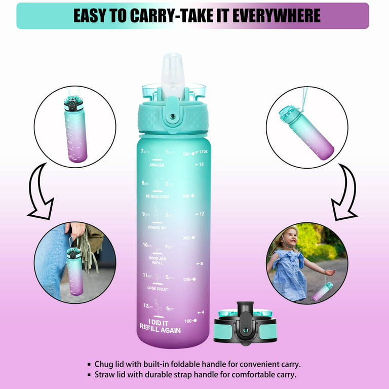Oldley 17 oz Kids Water Bottle with Straw Lid BPA-Free Reusable Leak-proof  Tritan Plastic Bottles with One-handed Opening 
