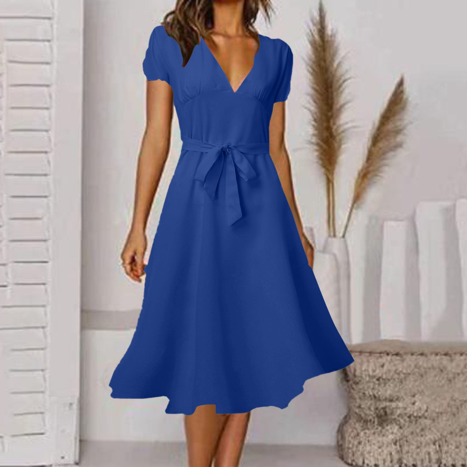 Cathalem Womens Plus Size Dresses Casual Short Sleeve Wrap Bodycon Ruched Waist Summer Dress Blue L