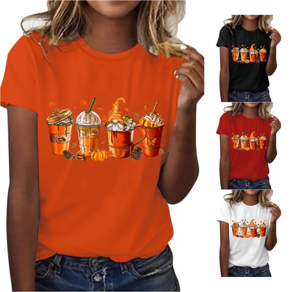 Halloween Shirts for Women T-Shirt for Casual Wear with Short Round Neck Pumpkin Print Loose Top in Stylish Everyday Wardrobe Orange L