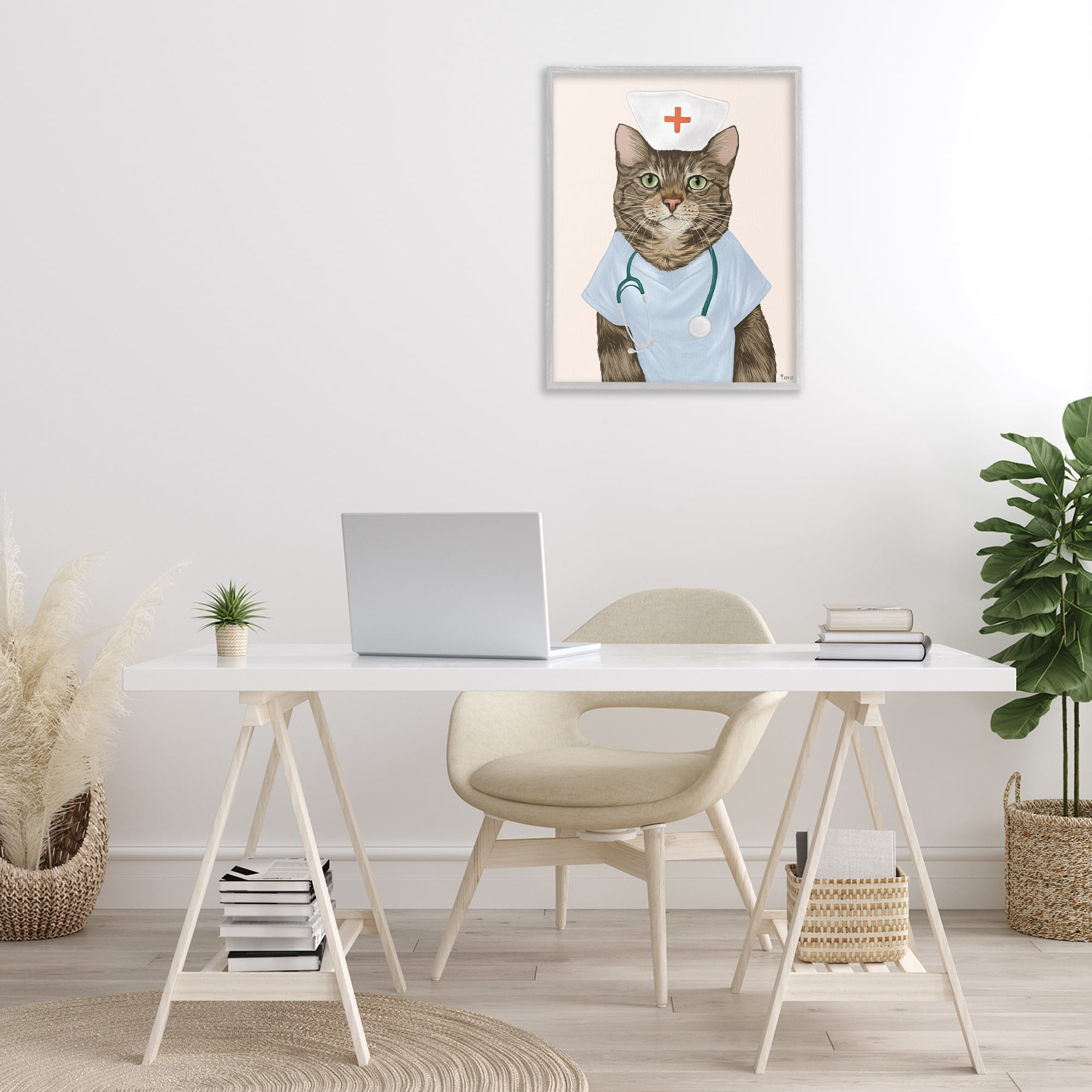 Stupell Industries Nurse Doctor Cat Animals & Insects Painting Gray Framed Art Print Wall Art, 24 x 30