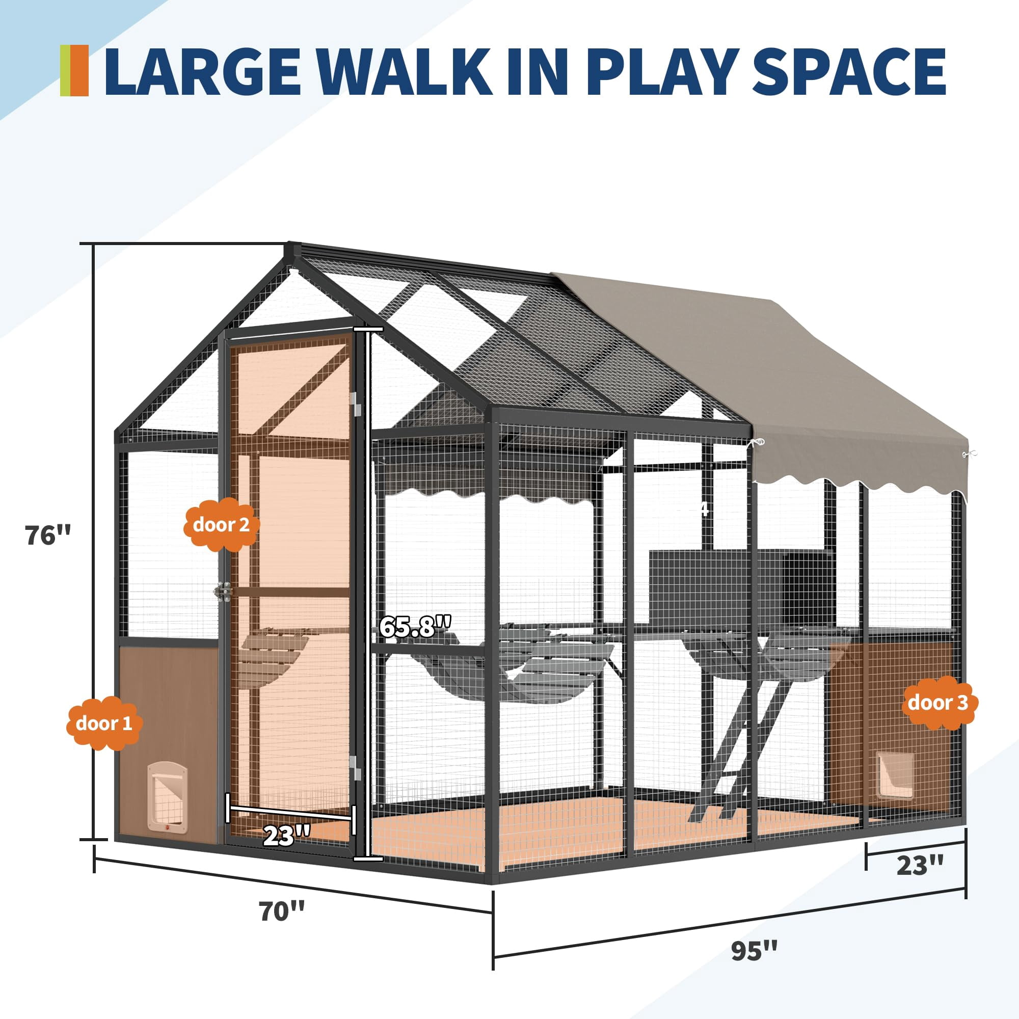Extra Large Outdoor Catio Enclosure, Weatherproof UV-Proof Roof, Walk-in Cat Cage with Channels, Side Door, Platform & Huge Condo for Multiple Cats