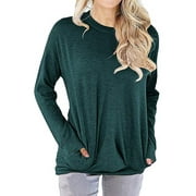 Women's Fashion Solid Color Loose Round Neck Pocket Long-Sleeved T-shirt
