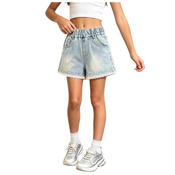 Denim Shorts for Kids Girls Summer, Soft Stylish and Cute Printed, Light Blue Size 13-14 Years