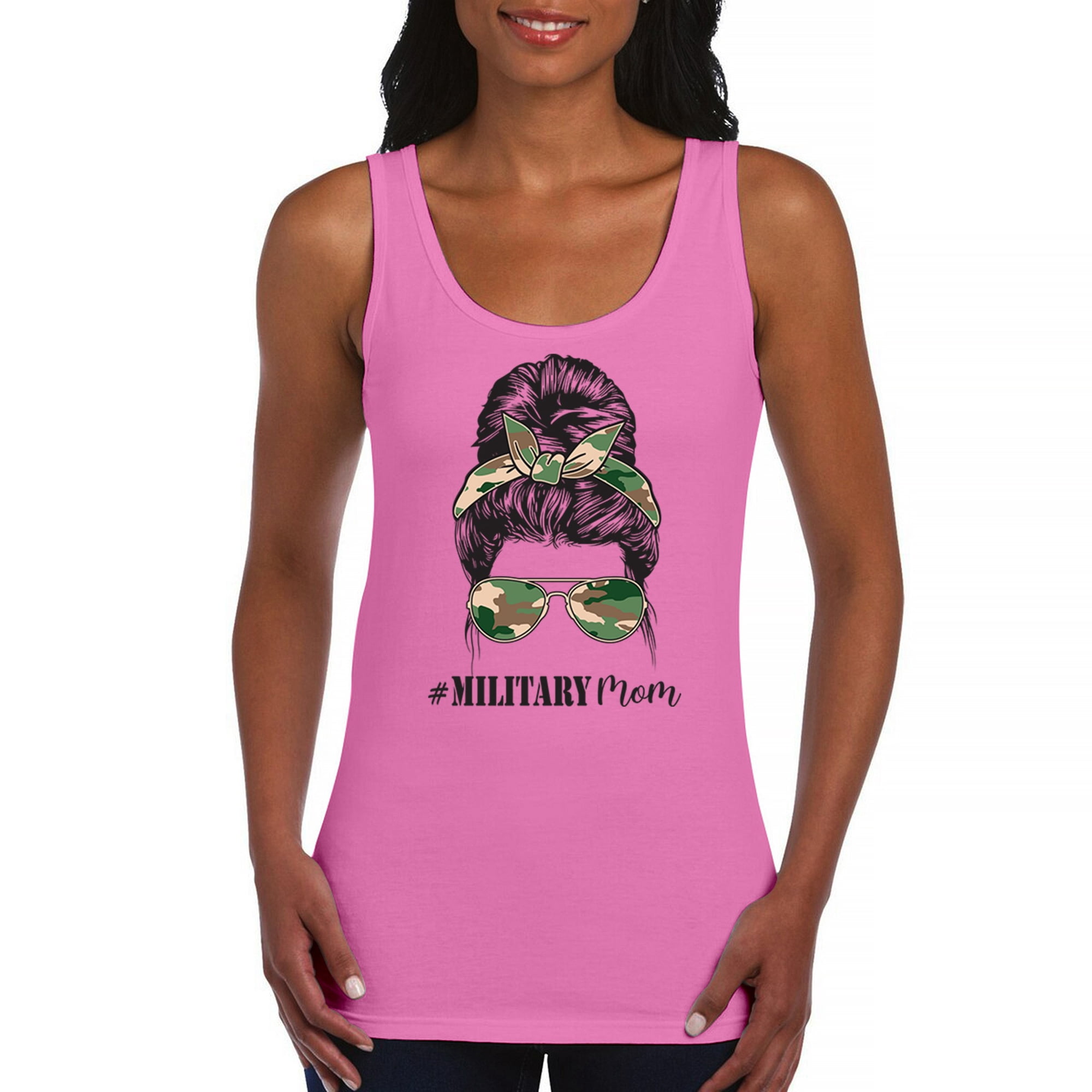 Military Mom Women's Tank Top Proud Mom Life Messy Bun Sunglasses Mother's Day Mama Mommy Active Duty Veteran Vet