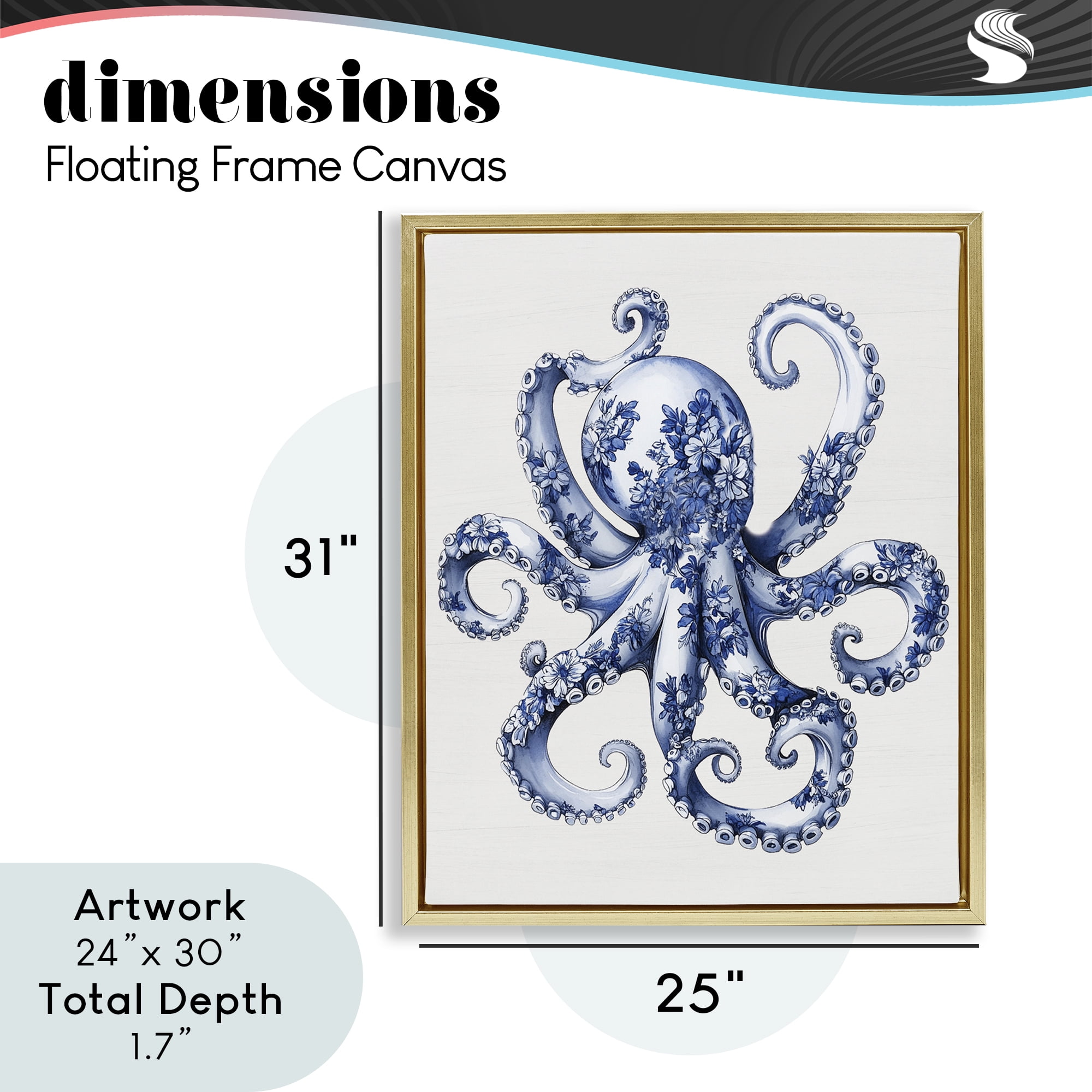 Funky Toile Octopus Gold Framed Floater Canvas Wall Art, design by Lettered and Lined