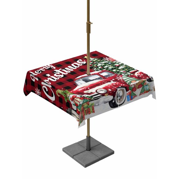Outdoor Tablecloth with Umbrella Hole and Zipper, Red Plaid Truck Christmas Square Table Cloth 60x60 Inch Waterproof Tablecloth, Gnomes Xmas Tree Snowflake Gifts Picnic Table Cover for Patio Camping