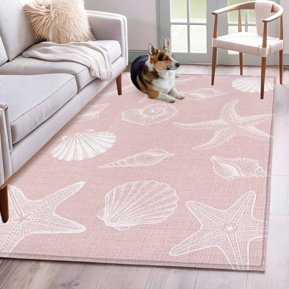 Marines Life Area Rugs 3x5 ft Starfish Shell Coral Coastal Summer Pink Washable Rug Non Slip Indoor Carpet Absorbent Floor Mat for Living Room Bedroom Dining Room