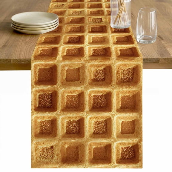 Golden-Yellow Waffle Cake Table Runner - 36 Inch Long Modern Delicious Dessert Cotton and Linen Blended Dress Scarves Farmhouse Table Runner for Kitchen Dining, Coffee Table, 13" x 36"
