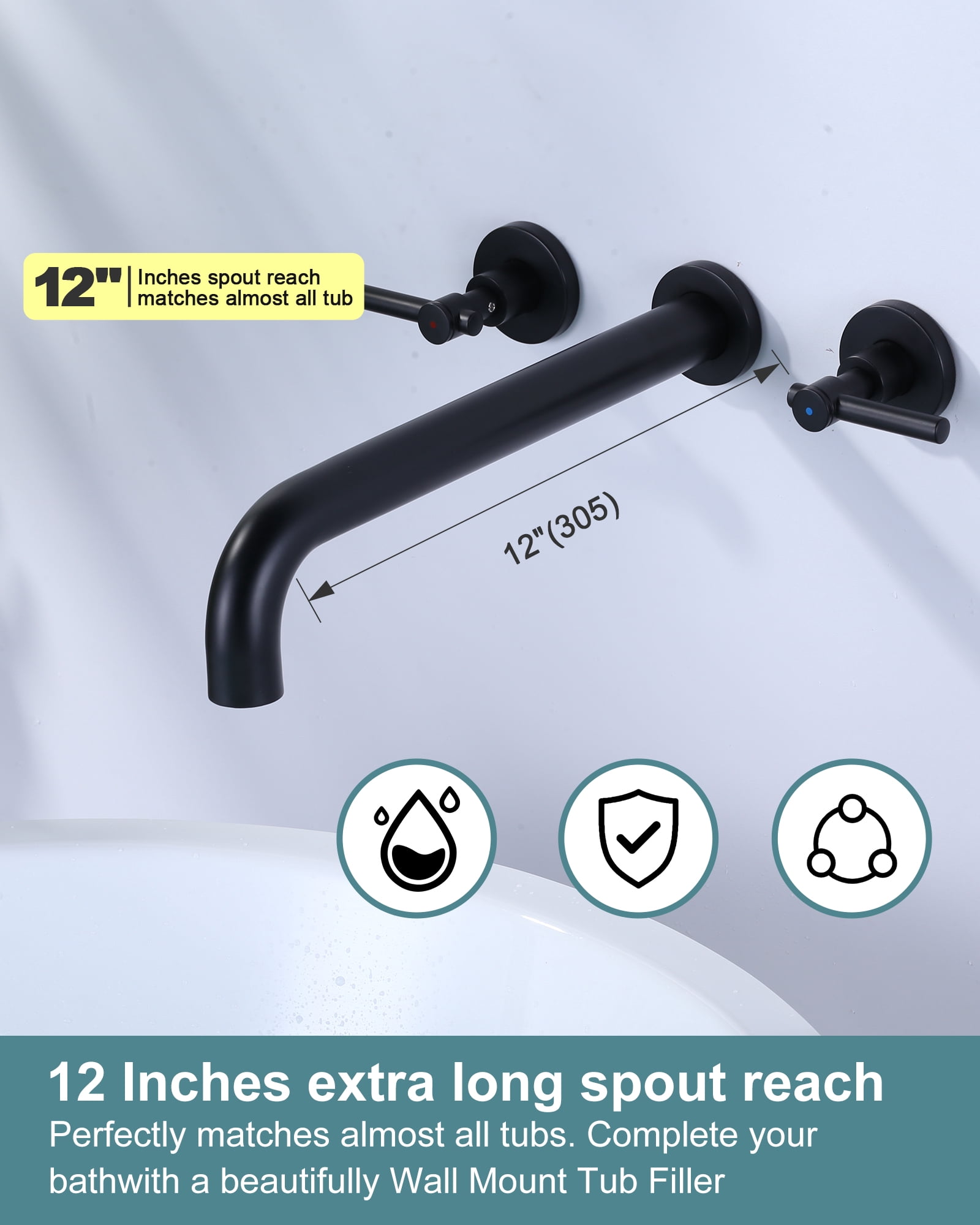 Wowow Wall Mount Tub Filler Faucets,High Flow Wall Mounted Bathtub Faucet with Two Handles and 12" Long Spout, Matte Black