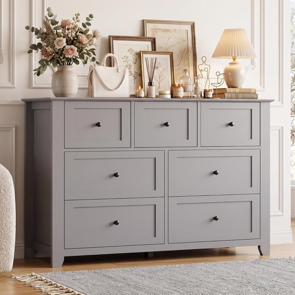 54 Inch 7 Drawer Dresser for Bedroom, Modern Wood Storage Chest with Deep Drawers for Living Room and Hallway,Gray