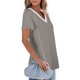 thumbnail image 2 of Blusa con cuello en V Manga corta Costuras de guipur Blusa ajustada suelta Camisa superior para mujer Verano Gris L, 2 of 5
