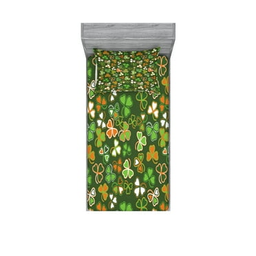 Ambesonne Nature Fitted Sheet & Pillow Sham Set, Lucky Clover, Twin, Green and Orange