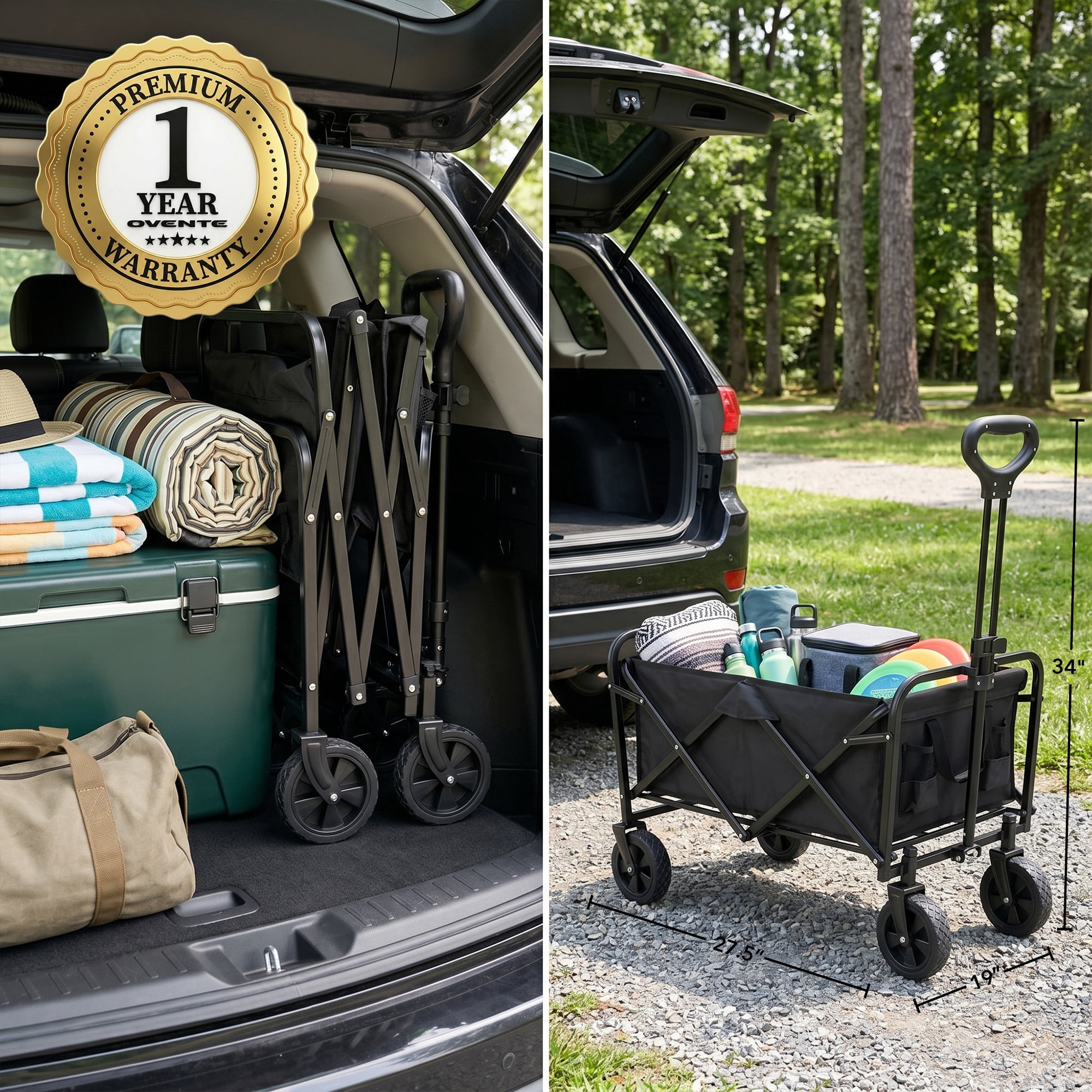 OVENTE Collapsible Foldable Wagon, 220lbs Weight Capacity, Black WFU011B | Heavy-Duty Fabric and Metal Frame, Portable Folding Utility Cart for Grocery Shopping, Outdoor Sports, Beach and Camping