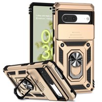Heavy Duty Armor Case for Google Pixel 7, Rugged PC Soft TPU Military Grade Shockproof Metal Magnetic Plate Car Mount Shockproof Cover with Camera Lens Sliding Ring Holder Kickstand Case, Gold