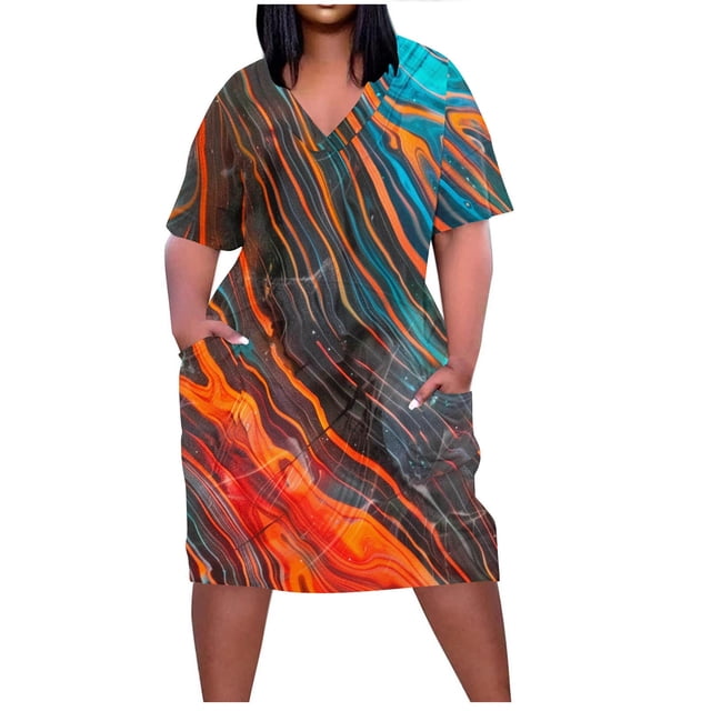 Pisexur Robes d'Été pour Femmes Mode Multicolore à Imprimé Floral Robe Soleil Décontractée Ample à Col en V à Manches Courtes Robes T-Shirt Fluides Surdimensionnées Robe Soleil avec Poches Grande Taille Robe Midi G-5TG