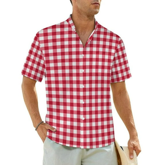 Retro Gingham Hawaiian Shirt Man Beach Red Checked Casual Shirts Short Sleeves Streetwear