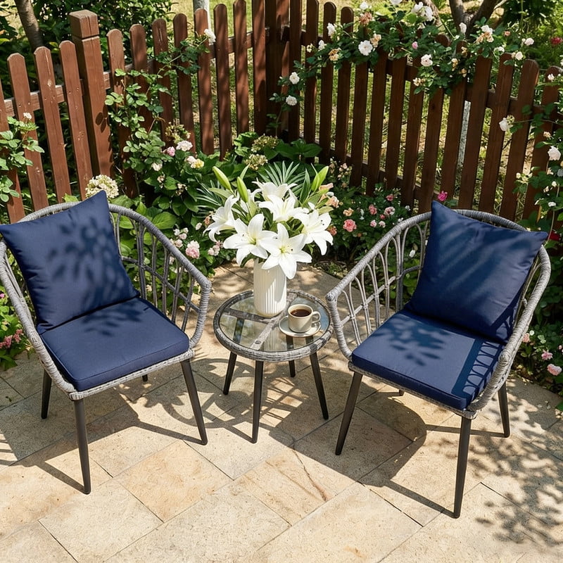 Simenmax 3 Piece Patio Wicker Furniture Set, Outdoor Rattan Chairs with Tempered Glass Coffee Table, Comfortable Washable Cushions for Balcony, Backyard, Poolside, Blue Gray