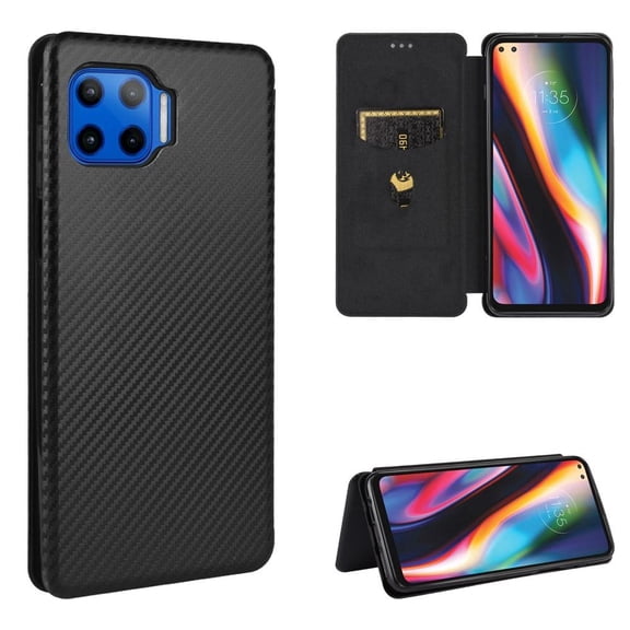 Motorola Moto One 5G/ Moto G 5G Plus Case Carbon Fiber Texture Magnetic Flip Slim 2 in 1 Faux Leather Hard Case with Card Slot Lanyard for Moto One 5G, Moto G 5G Plus - Black
