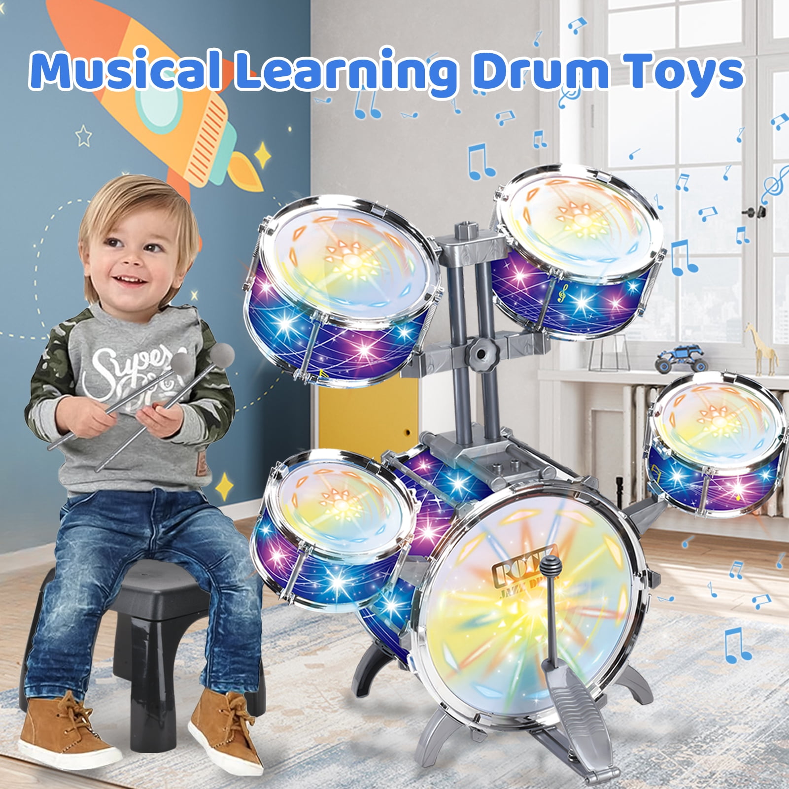 LINXUXIE Upgrade Big Size Kid Drum Set for Toddlers with 5 Jazz Drum Kit & Star Light Musical Instrument Toys,Boys Gils Gifts for Aged 1-3 3-5