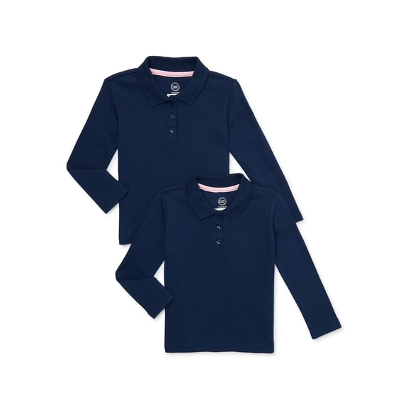 Wonder Nation Toddler Girls School Uniform Long Sleeve Interlock Polo Shirt, 2-Pack
