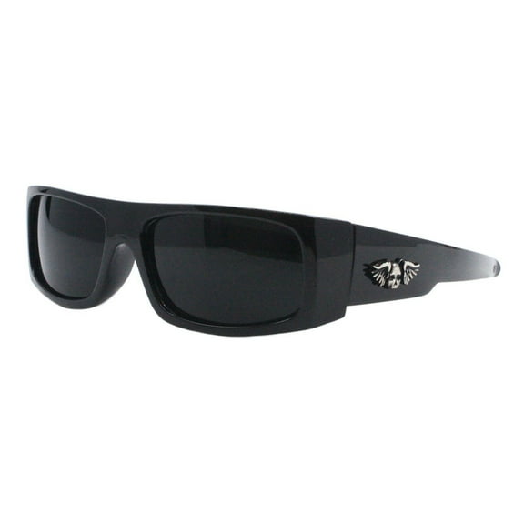 Men's Sunglasses Rectangular Biker Shades Winged Skull UV400 Shiny Black