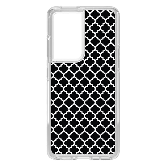 DistinctInk Clear Shockproof Hybrid Case for Galaxy S21 ULTRA 5G (6.8" Screen) - TPU Bumper, Acrylic Back, Tempered Glass Screen Protector - Black White Moroccan Lattice