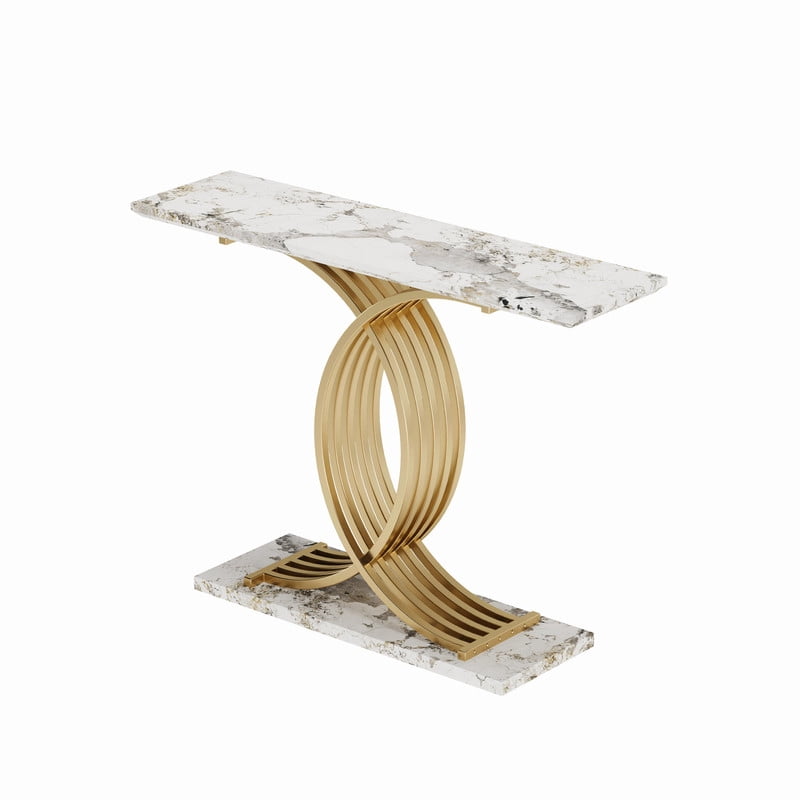 Accent Console Sofa Table with Gold Intertwined Crossed Metal Base, Entryway Display Side Table with Faux Marbling Top